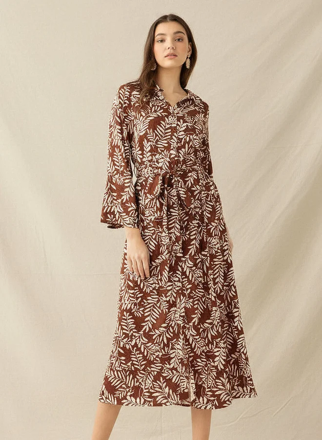 سبلاش فيڤ Leaf Print Viscose Women Shirt Dress with Belt